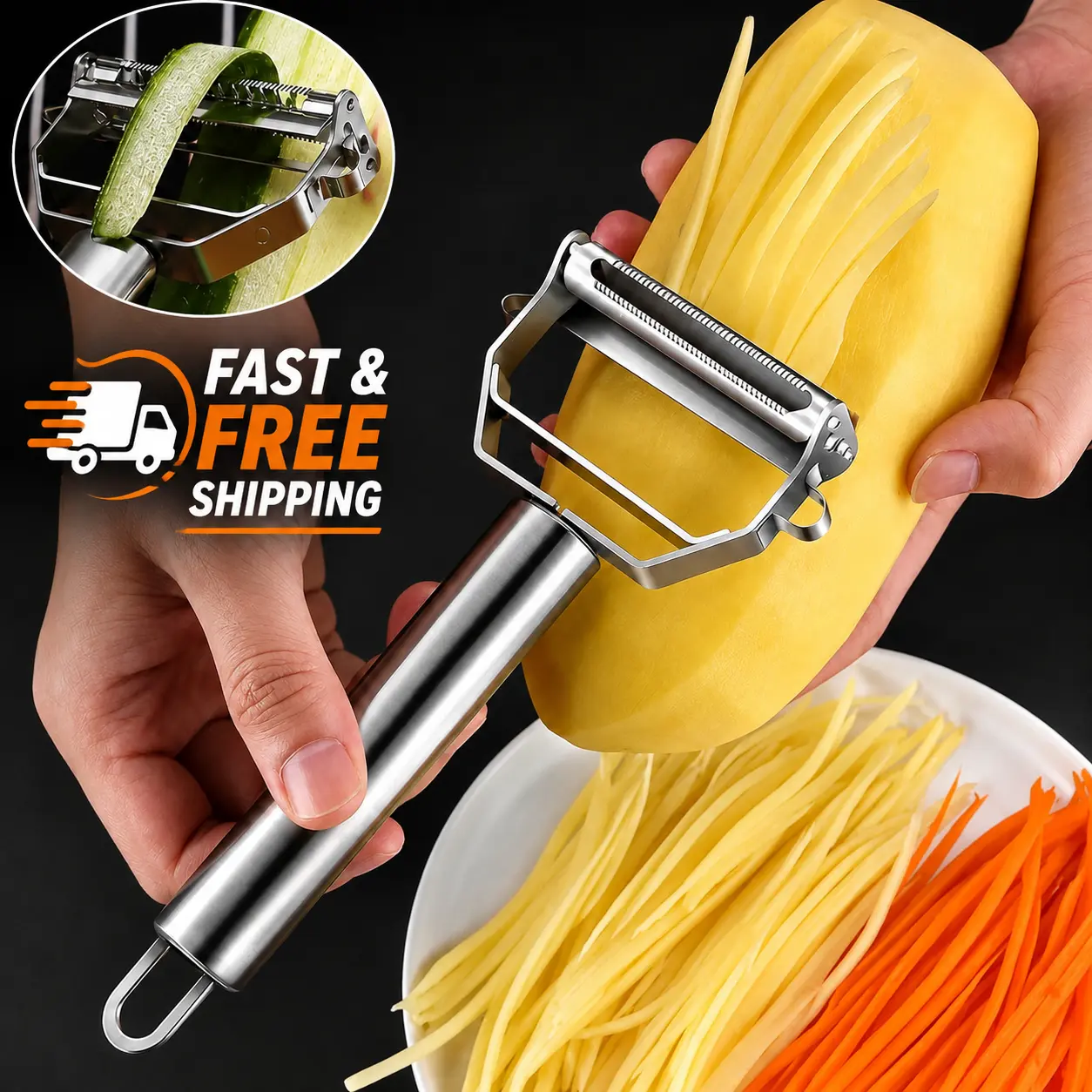 1PC Stainless Steel Julienne Peeler with Dual Blades, Manual Vegetable Slicer for Potatoes, Carrots and Fruits, Dishwasher Safe Kitchen Prep Tool
