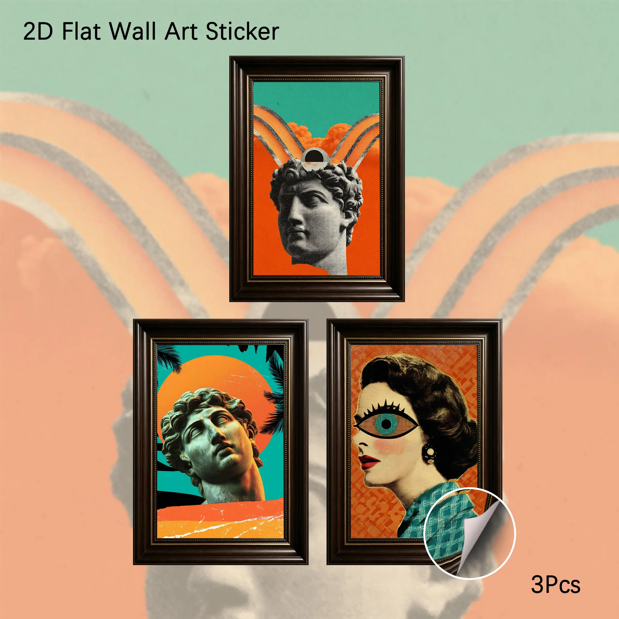 2D Flat Wall Art, 3Pcs PVC Self-Adhesive Framed Wallpaper Sticker, Surreal Retro Collage Style Greek Statue & Vintage Woman Wall Decals, Bold Teal Orange Aesthetic Decor for Living Room, Bedroom, Ideal for Avant-Garde Art Lovers & Maximalist Fans