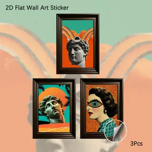 2D Flat Wall Art, 3Pcs PVC Self-Adhesive Framed Wallpaper Sticker, Surreal Retro Collage Style Greek Statue & Vintage Woman Wall Decals, Bold Teal Orange Aesthetic Decor for Living Room, Bedroom, Ideal for Avant-Garde Art Lovers & Maximalist Fans