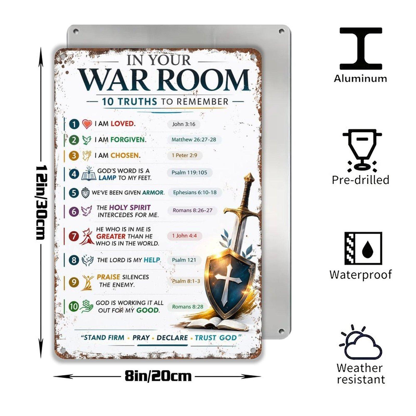 In Your War Room 10 Truths To Remember Christian Metal Sign - 8x12 Inch Retro Aluminum Wall Decor for Prayer Closet, Church - Gift for Faith & Spiritual Warfare