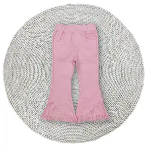 Baby Girls Cowgirls Western Pink Stretchy Elastic Bell Bottom Tassels Fringe Denim Jeans Pants Trousers