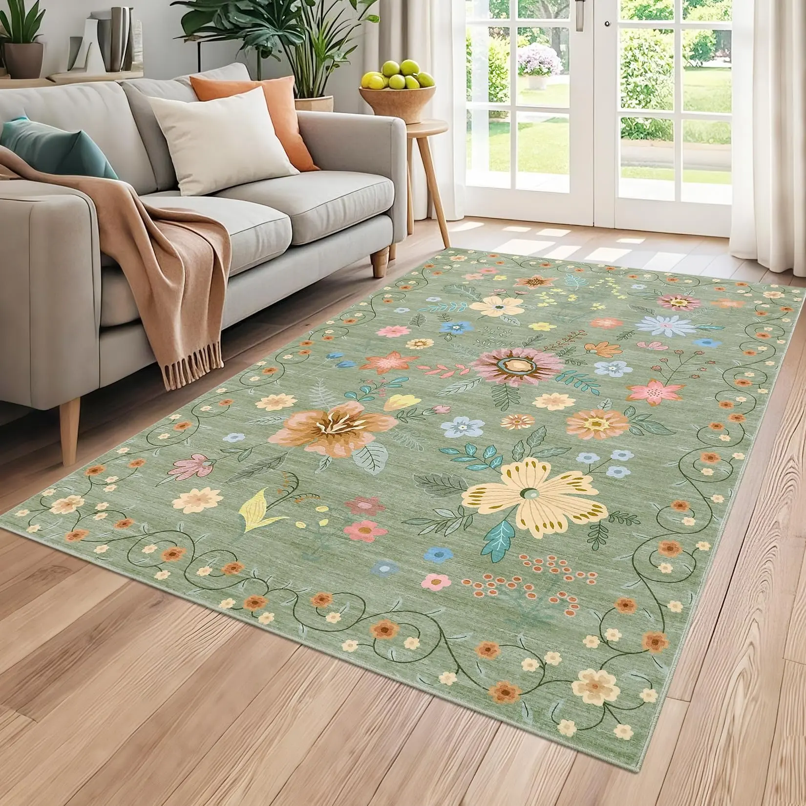 GARVEE Rectangular 5x7 Soft Green Floral Pattern Rug, Ultra-Thin Indoor Low-Pile Carpet with Non-Slip Backing for Kitchen, Hallway