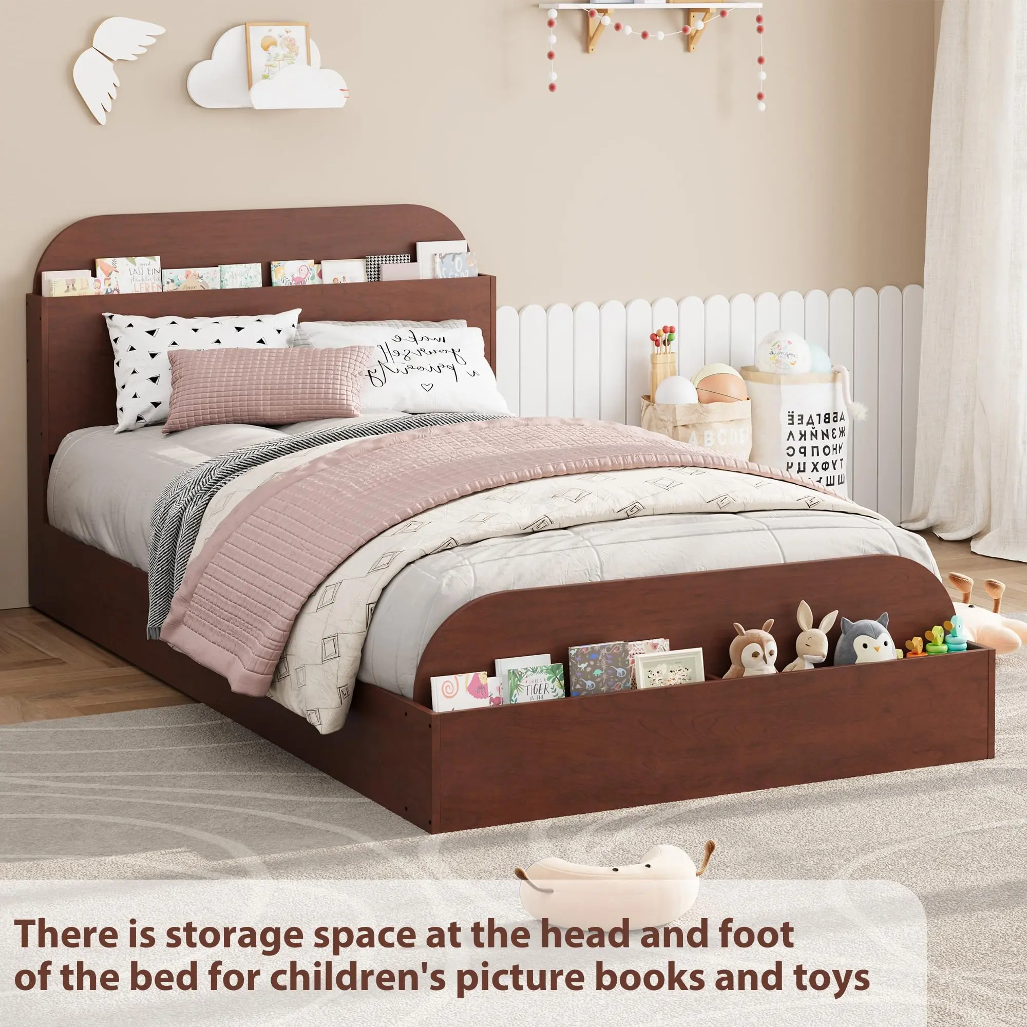 Garvee Sturdy Twin Bed Frame with Base, Durable Wooden Slats, Headboard, Raised Footboard, Hidden Compartments, Silent Design, Short Guardrails, Simple Look, No Box Spring Needed, Assembly Required, Storage Areas