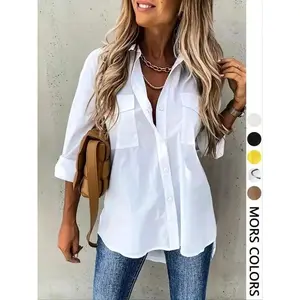Women's Plain Button Front Pocket Shirt, Casual Drop Shoulder Long Sleeve?Blouse?Top for Spring & Fall, Women's Clothing for Daily Wear(gift)