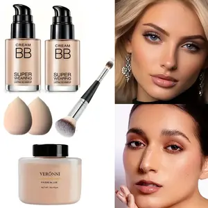 Veronni 2pcs BB Cream & Setting Powder Set with Makeup Accessories Winter Moisturizing Concealer Translucent Oil-Free Matte Finish Long-Lasting Makeup Women's Cosmetics Gift for Halloween Christmas，Waterproof Oil Control Face Powder