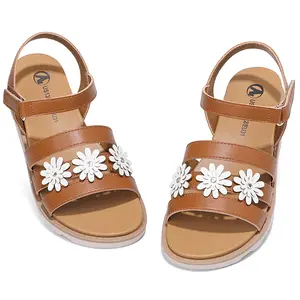SHOESLOCKER Girls' Faux Leather Open-Toe Floral Design Sandals - Strapy Rhinestone Footwear, 3D Daisy Embellishments, Adjustable Ankle Buckle, Hook-Loop Closure for Summer Kids' Fashion