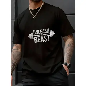 100% Cotton Unisex "Unleash The Beast" Barbell Weightlifter Workout Training T-Shirt – Printed Short Sleeve T-Shirt Top