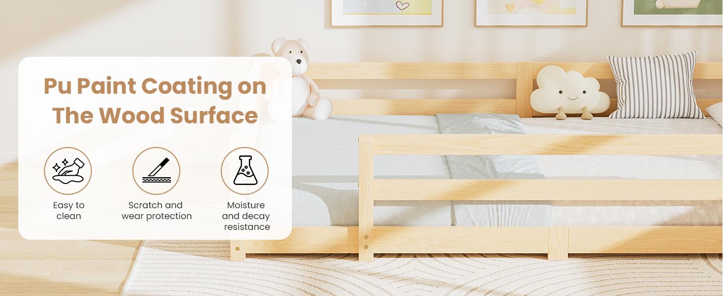 Naudacaa Twin / Full Toddler Bed with Rails, Low Montessori Floor Bed Frame for Kids w/ 2 Openings, Solid Wooden Floor Beds for Girls and Boys, CPC Certified
