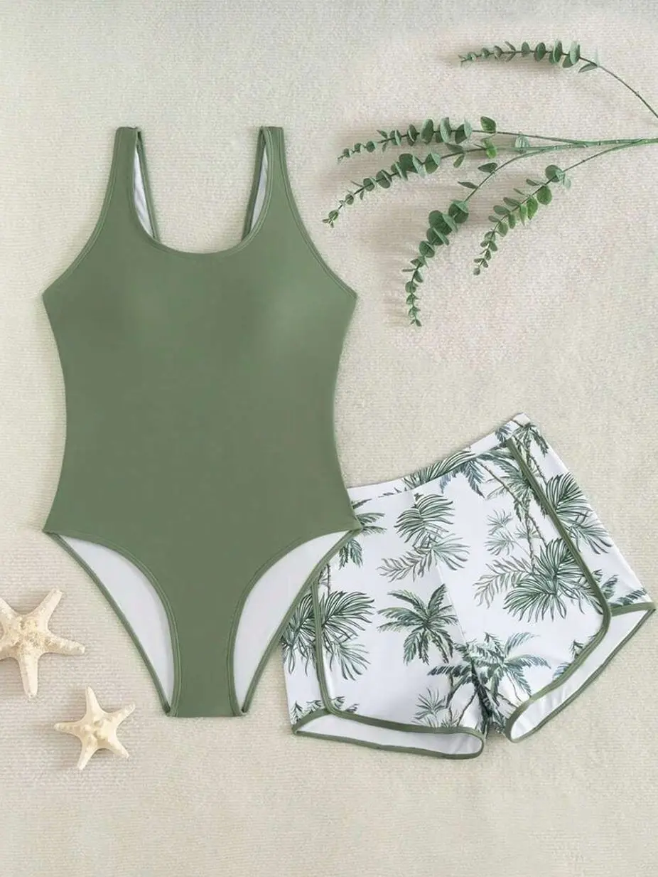Teen Girl 3-Piece Swimsuit Set, Solid One-Piece Bathing Suit with Floral Cover-Up and Shorts for Summer