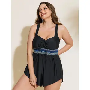 BLOOMCHIC Womens Plus Size Ruched Drawstring Color Contrast Swim Romper [M-6X]2026 Summer Vibes Swimweek, Sporty One-Pieces,Spotlight,Summer wins,Deals for you days Swimsuit Beachwear Swimsuit Outfits