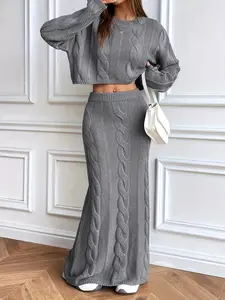 Women's Elegant Grey Knit Skirt Set with Round Neck Top & Elastic High Waist Fitted Cozy Breathable Fabric for Fall & Vacation Fashion Style Solid Color Co-ord Set Outfit