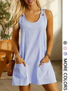 Summer Striped Casual A-Line Knee Length Dress, Womenswear, Crew Neck With Pockets, Fashion Daily Wear, Structured Design Elegant Ladies Skirt