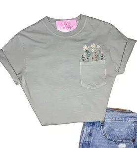 Cotton Crew Neck Embroidery Wildflower Pocket Tee-shirt Floral