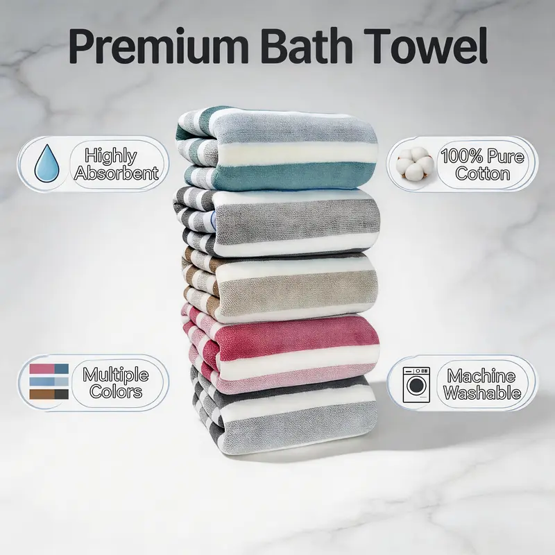 Unisex 5-Piece Thickened Wash Towel Set, Soft Coral Fleece Bathroom Towels, 140cm Large Full-Length, Striped Pattern Tight Weave, Fast Waterlock, Colorfast, Durable for Home & Athletic Use