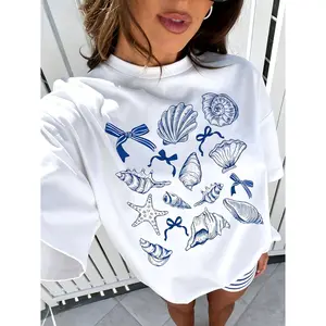 Seashell And Bow Graphic Tee Women Coastal Beachy Blue And White Oversized T Shirt Soft Cotton Relaxed Fit Crewneck Summer Vacation Outfit