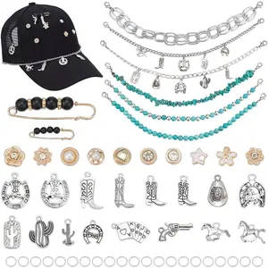 68 count Trucker Hat Chains Western Style Hat Accessories with Charms and Pins Mesh Baseball Cap Decorations Detachable DIY Craft Metal Pendants Torquoise Chains Bulk for Women Men