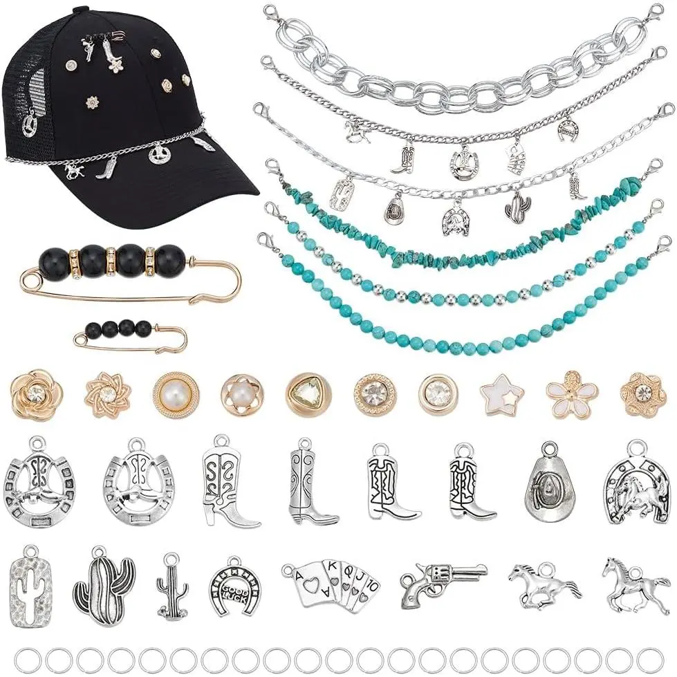 68 count Trucker Hat Chains Western Style Hat Accessories with Charms and Pins Mesh Baseball Cap Decorations Detachable DIY Craft Metal Pendants Torquoise Chains Bulk for Women Men