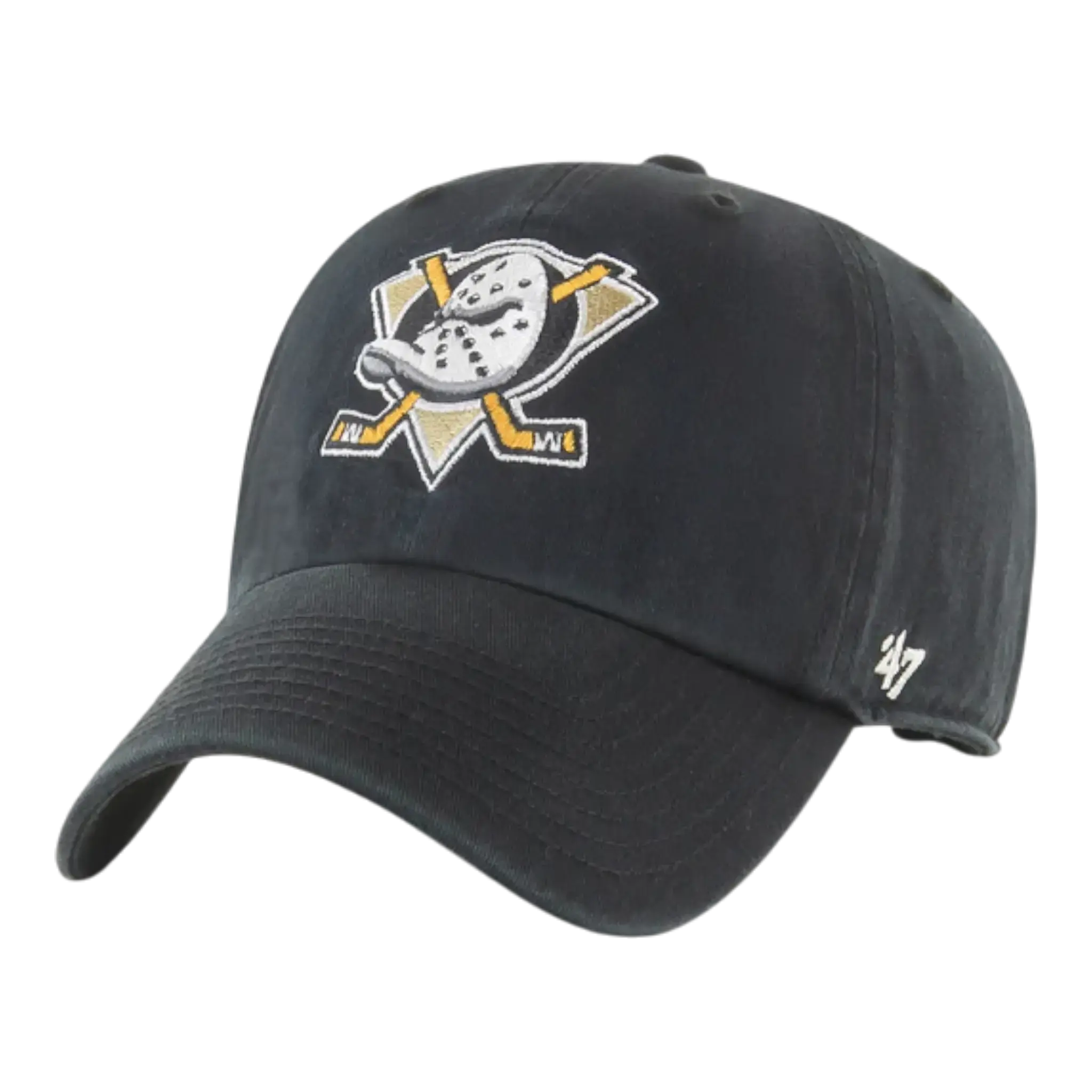 47 Brand Classic Team Embroidery Anaheim Ducks Black Clean Up Strapback Baseball Cap, Men's Adjustable Strap Cap with Buckle