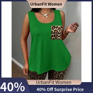【UrbanFit Women】[Leopard Print Vest Set] Plus Size - Plus Size - Plus Size Sleeveless Vest, Leopard Print Pocket Detail, Matching Biker Shorts Set, Women's Casual Summer Outfit, 2pcs Style