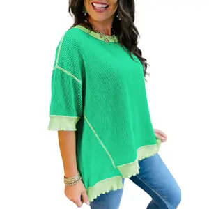 Loose Uneven Hem Twist Ribbed T Shirt