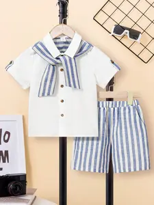 Boys' Summer Navy Style Short Sleeve Set, Collar Shirt with Blue Stripes, Loose Fit Plaid Shorts, Ideal for Ages 4-7, Perfect Gift