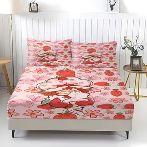 Strawberry Shortcake Fitted Sheet Set (3-Piece, 1 Fitted Sheet + 2 Pillowcases, No Pillow Inserts Included), Cute Character & Strawberry Print, Soft Bedding, Perfect for Kids' Bedroom Decor, Ideal Gift for Fans, Floral Sheets