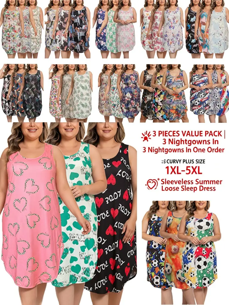 【Flash Sale】Women's Valentine Heart Pajama Set, Plus Size Curvy Fit 3-Pack Sleeveless Tank Loungewear Nightdresses, Breathable Floral Sleepwear (1XL-5XL Assorted Prints, Blue) | Plus Size Clothes, Curvy Clothing, Pajamas Sets for Women, All Seasons outdoo