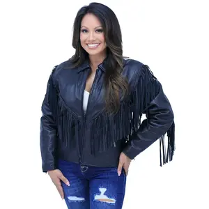 V Fringed Leather Motorcycle Jacket for Women #L452ZFB