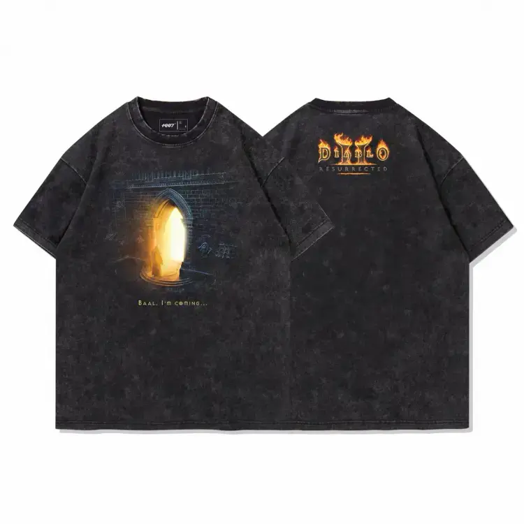 Men's Classic Casual 100% Cotton Heavyweight Vintage Wash Short-Sleeve T-Shirt, Ribbed Crewneck Top with Fantasy Demon Print for Daily Wear