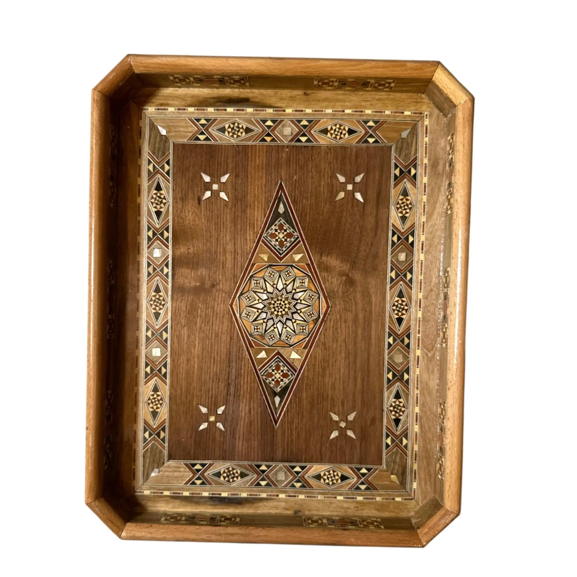 Handmade Rectangular Light Wood Tray with Mosaic Design and High Edges – Authentic Islamic and Middle Eastern Craft