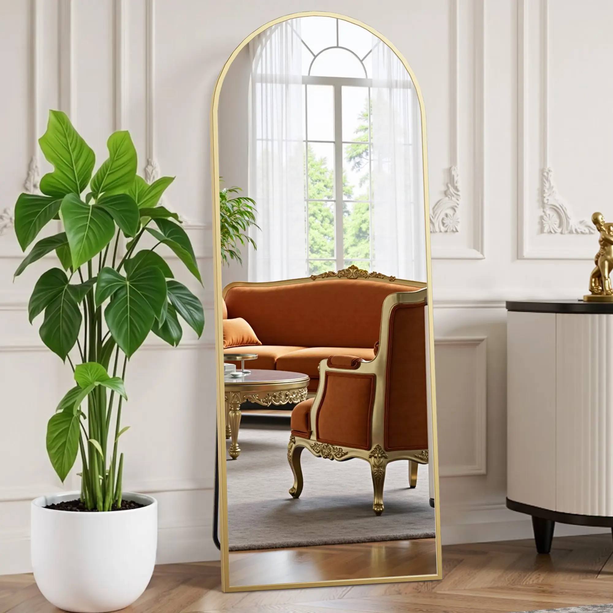 CONCETTA 64"x21" Arched Full Length Mirror, Full Body Standing Mirror Floor Mirrors, Gold