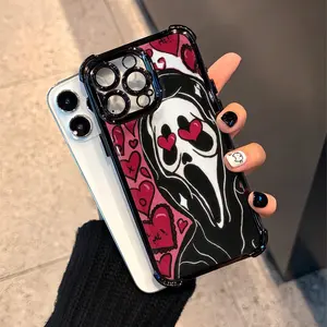 This ghost face phone case features heart-shaped eyes and a heart pattern. Compatible with iPhone 17, 16, 15, 14, 13, 12, 11 Pro Max/X, XS, and XS Max, it's made of TPU and offers shockproof protection. It's a perfect Christmas gift for family and friends