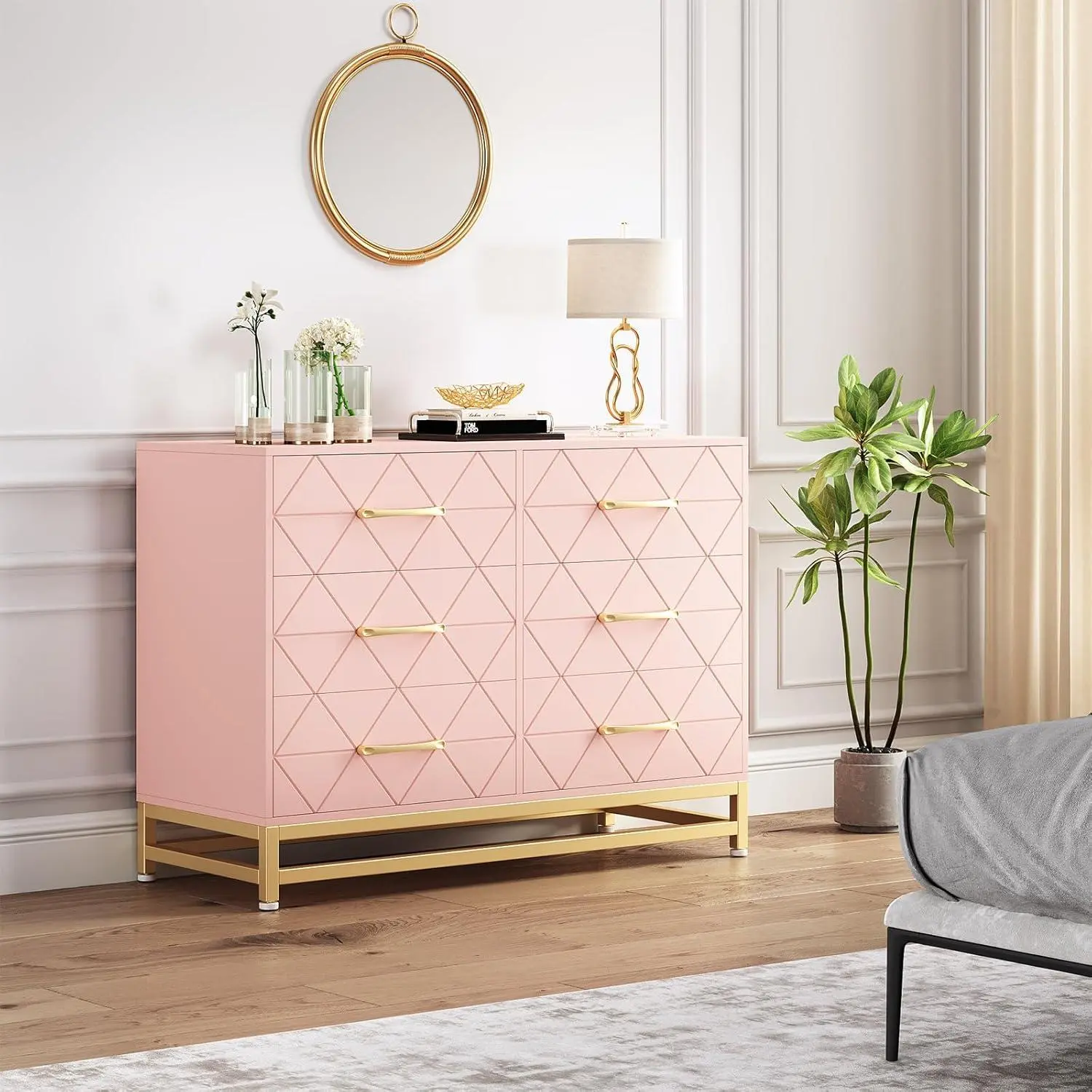 Pink 6 Drawer Dresser for Bedroom, Modern Wood Dresser with Wide Drawers and Metal Handles, Storage Chest of Drawers for Living Room Hallway Entryway