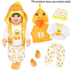 Reborn Doll Clothes without Doll, 1 Set Cute Cartoon Duck Print Hooded Sweatshirt & Pullover & Pants & Hat & Shoes, Doll Accessories