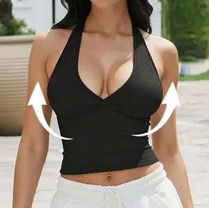 ETCYY Sexy Deep V Neck Halter Crop Top for Women – Black Slim Fit Workout Tank Top,Women's Breathable Sports Tank Top,urban tank top bra style,Stretchy Soft Sleeveless Camisole for Yoga, Gym, Club, Summer Casual Wear, Tank Top for Women,Tank Tops,