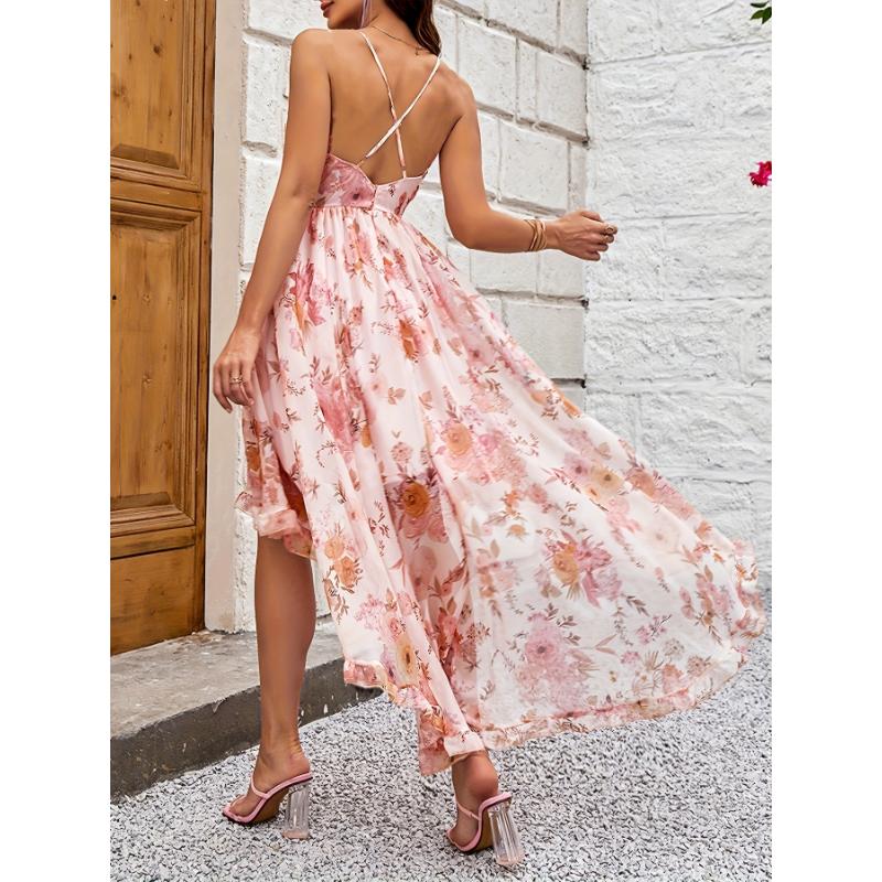 Women's Floral Print Chiffon Elegant Strapless Cross-Back Asymmetrical Midi Dress - Lightweight Summer Machine Washable for Casual & Formal Occasions, Evening Wear, Offshoulder Design, Soft Texture Fabric Polyester Womenswear Chic Pink Color Sleeveless