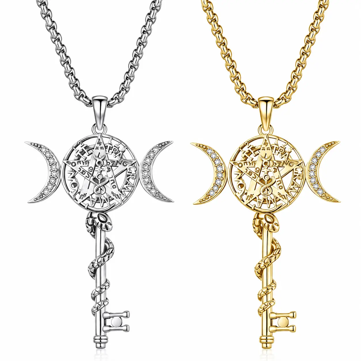 DRINSPER Hecate Key Necklace Hekate Triple Moon Goddess Pentagram Wheel Key Pendant 925 Sterling Silver Hecate Wiccan Pagan Magic Witchcraft Tetragrammaton Amulet Jewelry Gifts for Women Men,Gothic Witchy Jewelry Gift fo Daily Wear