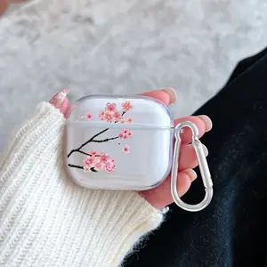 Cherry Blossom Grace Pattern Protective Case for AirPods 4/3/2/1/Pro/Pro2 Soft TPU Earphone Cover, Transparent with Keychain