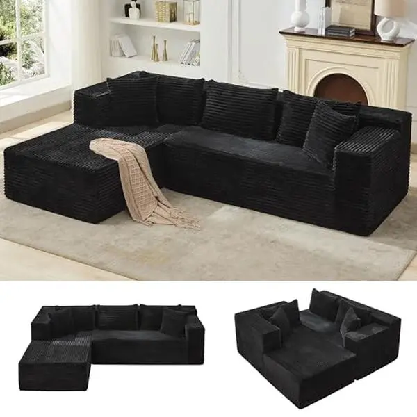 GARVEE Cloud Modular Corner Sofa for Living Room – Deep Seat and Oversized Comfort – Minimalist Style, Ready to Use – Ideal for Family Relaxation – Black