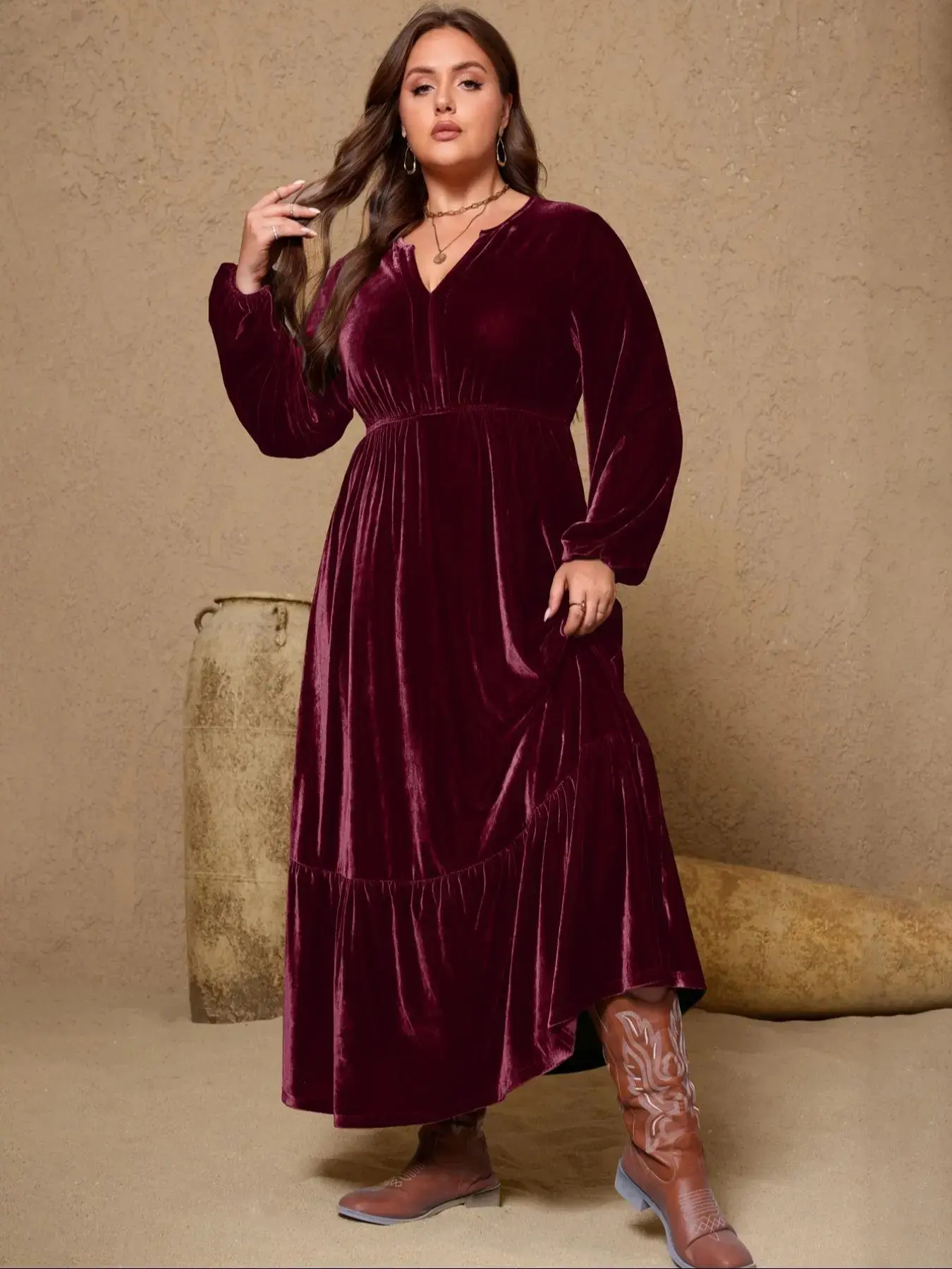 [Plus Size] Solid Notched Neck Velvet Dress, Elegant Bishop Sleeve Ruffle Hem Dress for Party Holiday Wedding Guest, Women's Clothes for Fall & Winter