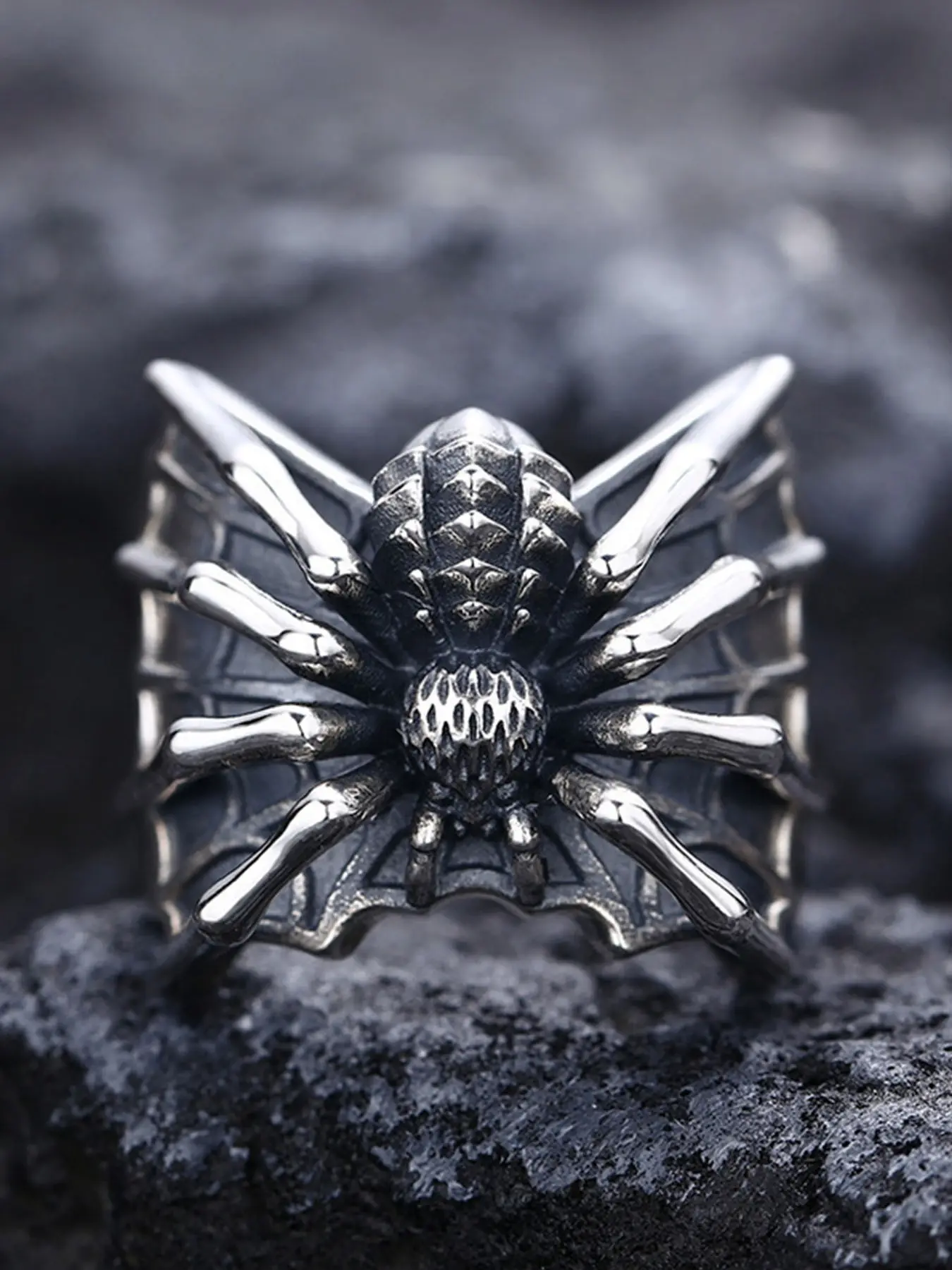 Gothic Spider Web Stainless Steel Ring, Vintage Punk Style Motorcycle Adjustable Open Ring, Dark Aesthetic Halloween Unisex Jewelry Statement Metal Rings