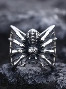 Gothic Spider Web Stainless Steel Ring, Vintage Punk Motorcycle Adjustable Open Ring, Dark Aesthetic Halloween Unisex Jewelry Statement Rings
