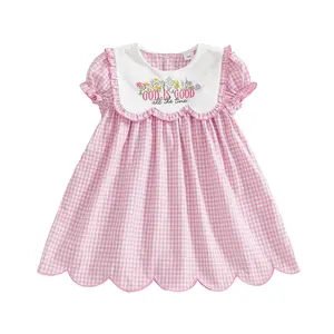 Kids Infant Toddler Baby Girl Easter Dress Floral god is good Embroidery Smocked Puff Short Sleeve Sailor Collar A-Line Dress Toddler Summer Dress