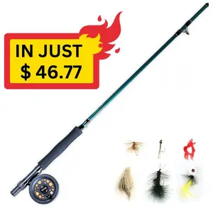 8-Foot 5/6-Weight 3-Piece Fly Fishing Pole, Size 5/6 Rim-Control Reel, Pre-spooled with Backing, Line and Leader, Includes Custom Fly Tackle Assortment, Brown/Green
