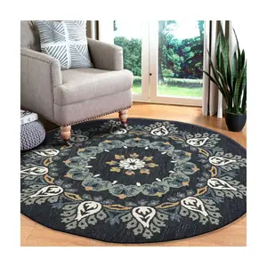 Ox Bay Charcoal/Teal Floral Medallion Wool Indoor 6' Round Rug