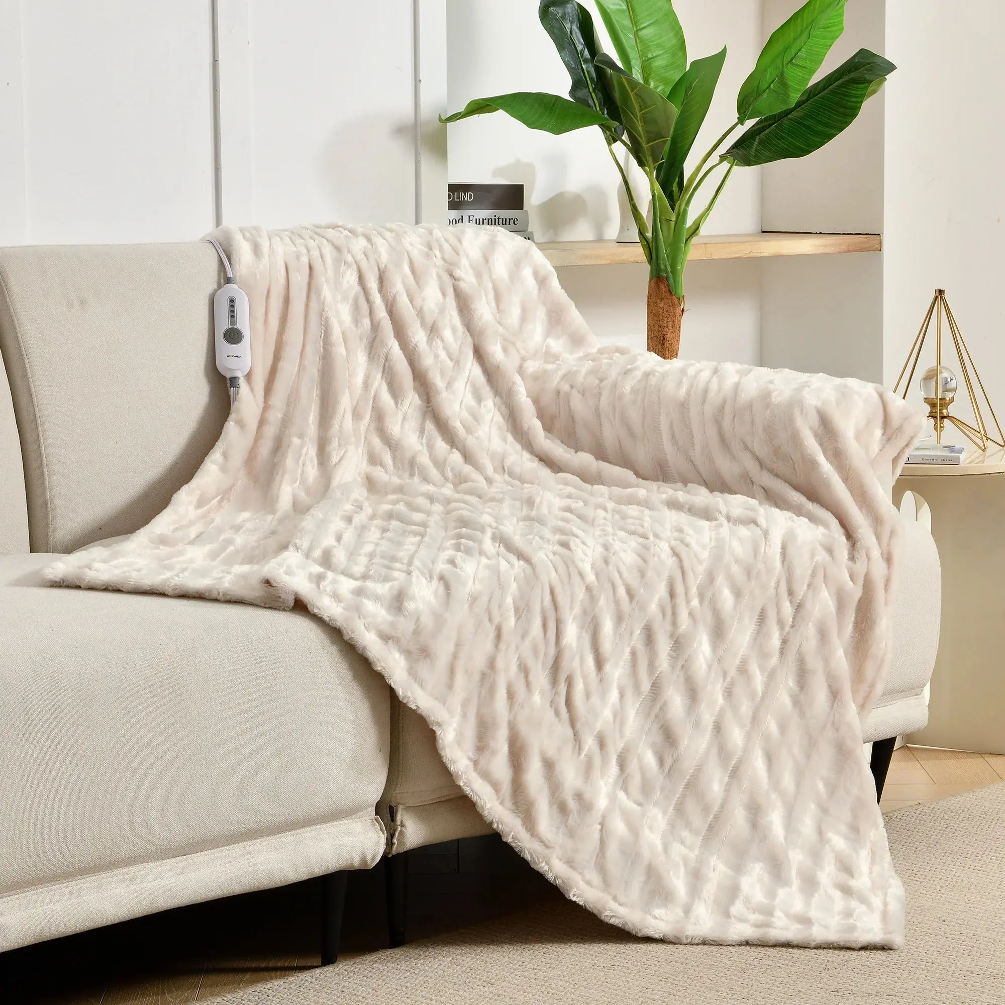 Electric Throw Blanket 50" X 60", Soft Faux Fur Heated Blanket with Large LED Display, 6 Heating Levels, 4 Hours Timer, Machine Washable - Tie-Dye off White
