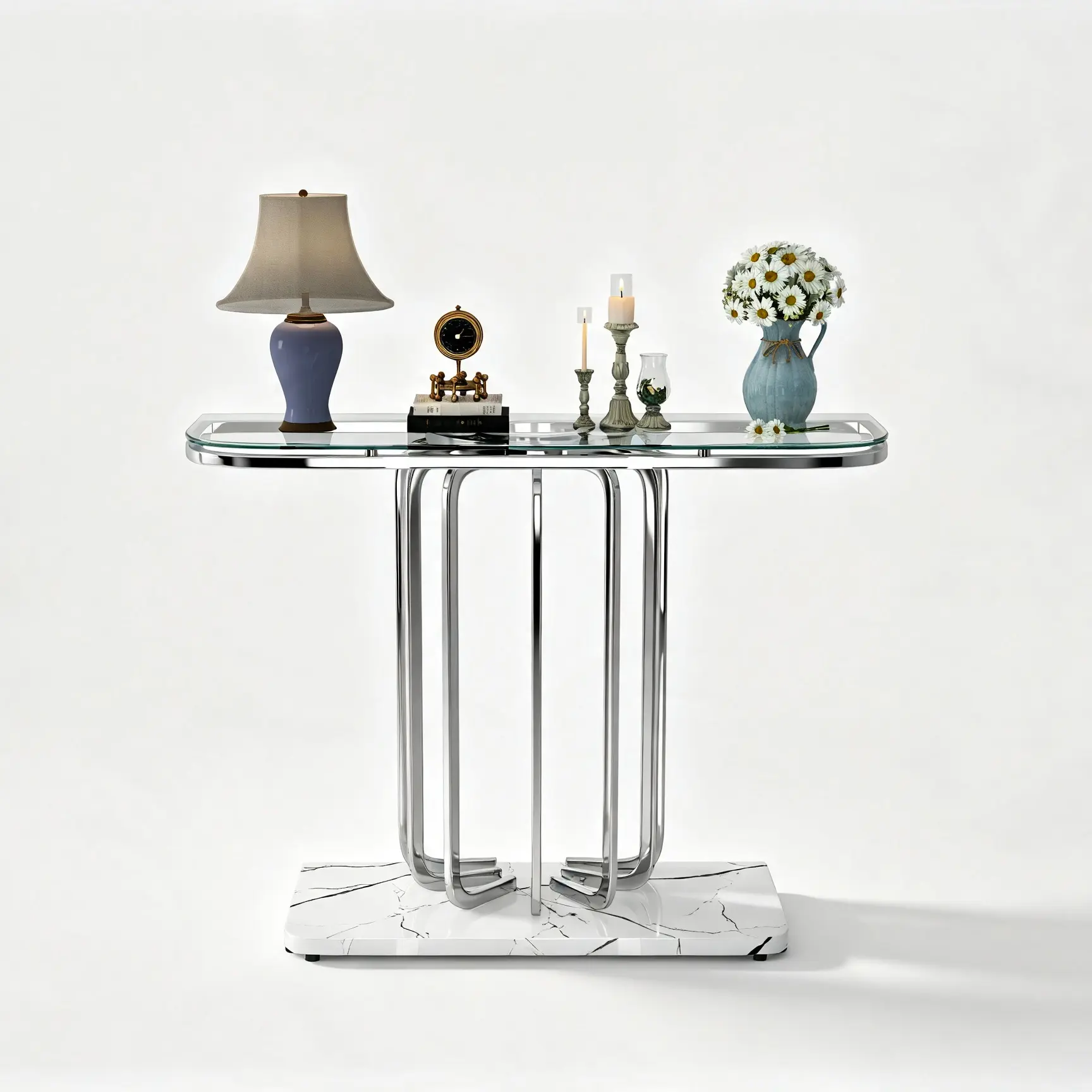 Modern Luxury Console Table, Clear Glass Entryway Table with Silver Chrome Metal Frame & Faux Marble Base, Curved Foyer Accent Table for Hallway Living Room