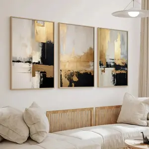 3pcs Set Unframed Retro, Abstract, Nordic minimalist, Beige black and Golden blending Painting, Creative Artistic Canvas Wall Art Poster Waterproof Print, Frameless Room Decor Decoration