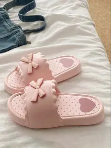 Spring Summer New Women's Slippers Cute Sweet Bow Indoor Home Soft Slippers Comfortable Casual Flat Sole Shoes, Ladies Fashion Footwear