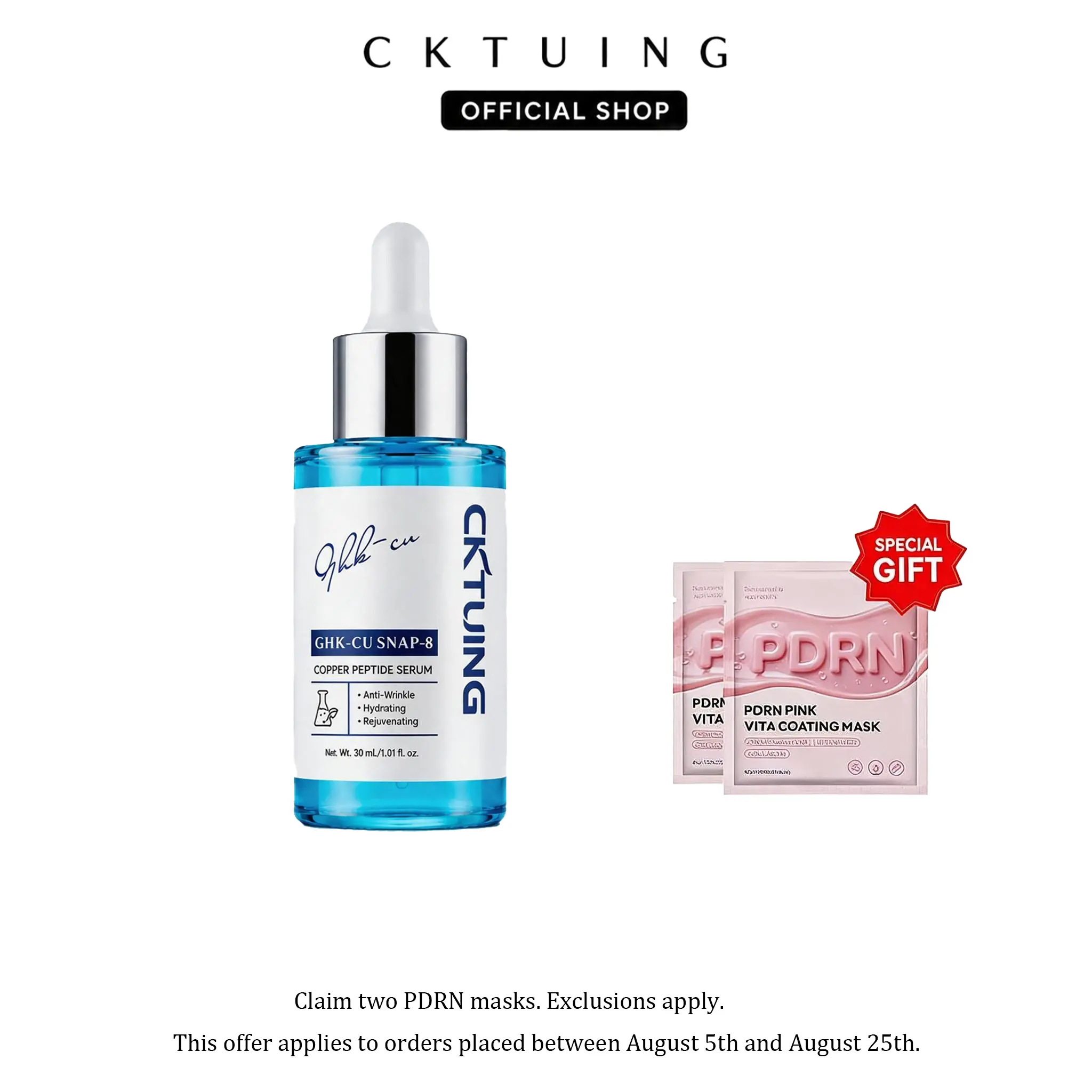 GHK-Cu Blue Copper Peptide & SNAP-8 Dropper Serum (30ml/1.01fl oz) with 2 PDRN Masks - Fragrance-Free Skincare Serum, Vitamin B3, Hyaluronic Acid, Collagen Boost, Deep Hydration, Plump, Anti-Aging, All Skins, Face Neck, Smooth Skin Routine, Glass Bottle,,
